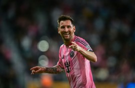 Inter Miami's Argentine forward Lionel Messi celebrates a goal