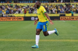 Aubrey Modiba celebrates scoring for Mamelodi Sundowns against FAR Rabat in the CAF Champions final first leg.