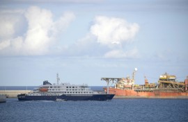 The hantavirus-stricken cruise ship MV Hondius leaving port in Spain's Canary Islands on May 11
