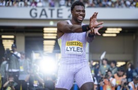 Noah Lyles celebrates winning the men's 100m race at the Golden Grand Prix in Tokyo on Sunday