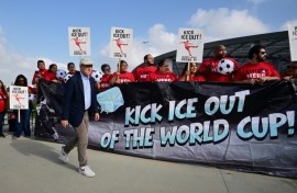 California gubernatorial candidate Tom Steyer joins Sofi Stadium workers who are threatening strike action during the World Cup if federal immigration officers are deployed at the venue