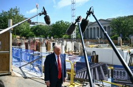US President Donald Trump speaks to the press near the construction site of his proposed ballroom at the White House in Washington, DC, on May 19, 2026.