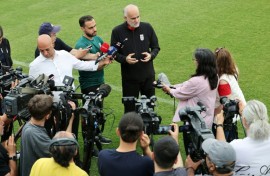 The vice-president of the Iranian Football Federation, Mahdi Mohammad Nabi, speaks to the media during a training session in Turkey