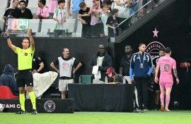 Inter Miami's Argentine forward Lionel Messi leaves the field after suffering an injury scare in his team's win over Philadelphia, less than three weeks before the start of the World Cup