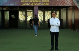 Belgacem (Belgasem) Haftar, Director General of the Libyan Development and Reconstruction Fund (LDRF), stands near one of the doors to the pitch inside Benghazi International Stadium in Benghazi on May 22, 2026