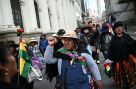 Indigenous women take part in a protest against the government of Bolivian President Rodrigo Paz