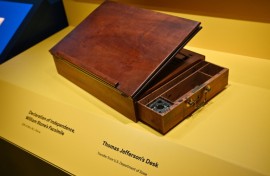 Thomas Jefferson's desk, on which he drafted the Declaration of Independence, can be seen on display by The Smithsonian for its 'American Aspirations' exhibition