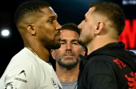 Anthony Joshua will take on Albania's Kristian Prenga (R) next month as the Briton builds up to his fight with Tyson Fury later in the year