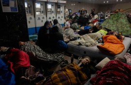 People take shelter at a metro station during an air alarm in Kyiv on June 2, 2026, amid the Russian invasion of Ukraine