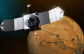 An artist rendering provided by NASA of the Mars Atmosphere and Volatile Evolution (MAVEN) mission