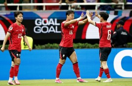 Oh Hyeon-gyu (centre) celebrates after scoring South Korea's winner in their World Cup winner