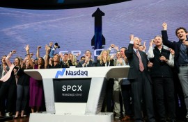 SpaceX employees celebrate the company's Wall Street debut, the largest initial public offering in US history
