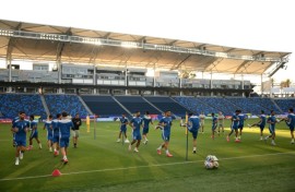 Iran's players take part in a training session in Los Angeles ahead of their opening World Cup game against New Zealand