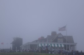 Heavy fog shown around the clubhouse at Shinnecock halted play for two hours before lifting to allow the 126th US Open to resume