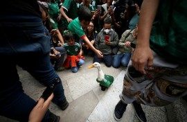 People in Mexico City gather around Merlin, a duck who has become a huge star thanks to the World Cup