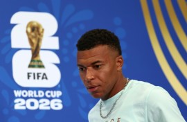 Kylian Mbappe at a press conference in Philadelphia on Sunday -- he is set to win his 100th cap for France in Monday's World Cup clash with Iraq