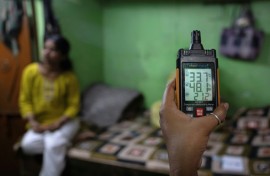A humidity meter used to monitor moisture levels at Durga Devi's house in New Delhi
