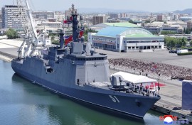This picture released by North Korea's official KCNA news agency shows a commissioning ceremony of the new destroyer Choe Hyon at Nampo port