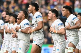 Moana Pasifika's players perform the Tau Moana before the Super Rugby match against the Otagao Highlanders in April this year
