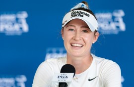 World number one Nelly Korda talks to reporters before the Women's PGA Championship, where she's chasing a third straight major title