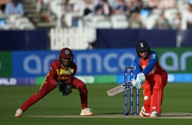 England's Danni Wyatt-Hodgehits out on her way to 65 in a Women's T20 World Cup match against the West Indies at Lord's