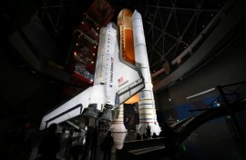 NASA’s Space Shuttle Endeavour is on permanent display at a museum in California, standing upright in its launch position