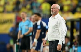 Scotland coach Steve Clarke watches on from the touchline during his team's defeat to Brazil at the World Cup on Wednesday