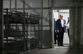 US President Donald Trump, pictured visiting 'Alligator Alcatraz' in 2025, has vowed to deport millions of undocumented migrants