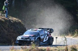 The Toyota of Sebastien Ogier and his co-driver Vincent Landais