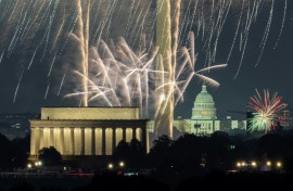 Independence Day fireworks go off over the National Mall in Washington, DC, as seen from the area of the US Marine Corps War Memorial in Arlington, Virginia, on July 4, 2024