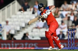 England captain Nat Sciver-Brunt hits out in a Women's T20 World Cup semi-final against South Africa at the Oval
