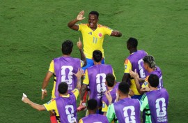 Colombia's Jhon Arias celebrates his goal against Ghana in the World Cup round-of-32 match in Kansas City