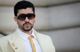 Puerto Rican singer Bad Bunny arrives for the Schiaparelli Haute Couture show
