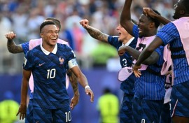 Kylian Mbappe celebrates with his teammates after France beat Paraguay in the last 16 of the World Cup last weekend