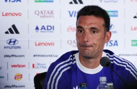 Argentina coach Lionel Scaloni speaking to reporters in Atlanta on Tuesday