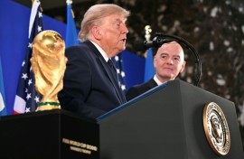 US President Donald Trump with FIFA chief Gianni Infantino at a reception at Trump Tower in New York
