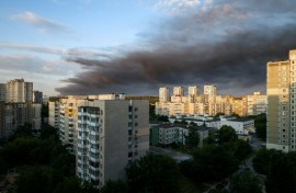 Smoke hangs in the air following Russian missile strikes on Kyiv on July 19, 2026