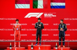 Belgian Grand Pirx winner Kimi Antonelli (C) is flanked by Charles Leclerc (L) who came second and Max Verstappen who was third