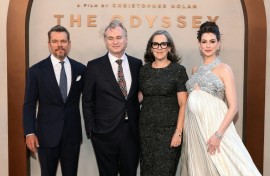 The epic film, directed by Christopher Nolan (middle left) and produced by his wife Emma Thomas (center right), features an ensemble cast including Matt Damon (L) and Anne Hathaway (R)