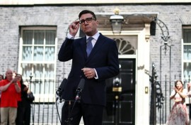 Britain's new Prime Minister Andy Burnham gives his first speech in front of 10 Downing Street in central London on July 20