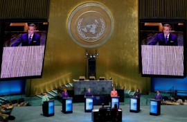Candidates to be the next United Nations Secretary-General participate in a debate at the UN General Assembly Hall in New York
