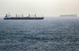 Vessels transiting the Bab el-Mandeb Strait off the coast of southern Yemen