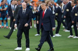 FIFA president Gianni Infantino presented the World Cup trophy to Spain alongside US President Donald Trump