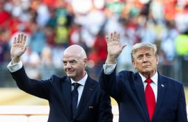 FIFA President Gianni Infantino (L) has gone from attending the World Cup final with Donald Trump to holding emergency talks with his directors with his future at stake