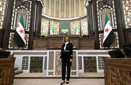 Syria's parliament deputy speaker Madonna Beshara poses inside the parliament in Damascus on July 27, 2026