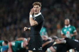 New Zealand fly-half Ruben Love gives an instruction during the 2026 Nations Championship match against Ireland in Auckland.