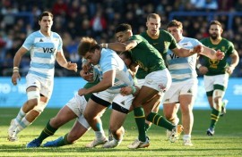 Argentina prop Tomas Rapetti is tackled during a one-off Test against South Africa in Buenos Aires