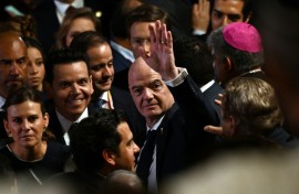 FIFA president Gianni Infantino (C) has failed to see off his many critics and faces an uncertain future