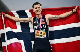 Norway's Jakob Ingebrigtsen celebrates after winning the men's 5,000m at the European Athletics Championships