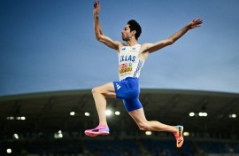 Greece's Miltiadis Tentoglou en route to victory in the European long jump